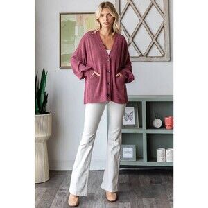 7th Ray Women’s XL Solid Rib Drop Shoulder Button Balloon Sleeve Cardigan T5745